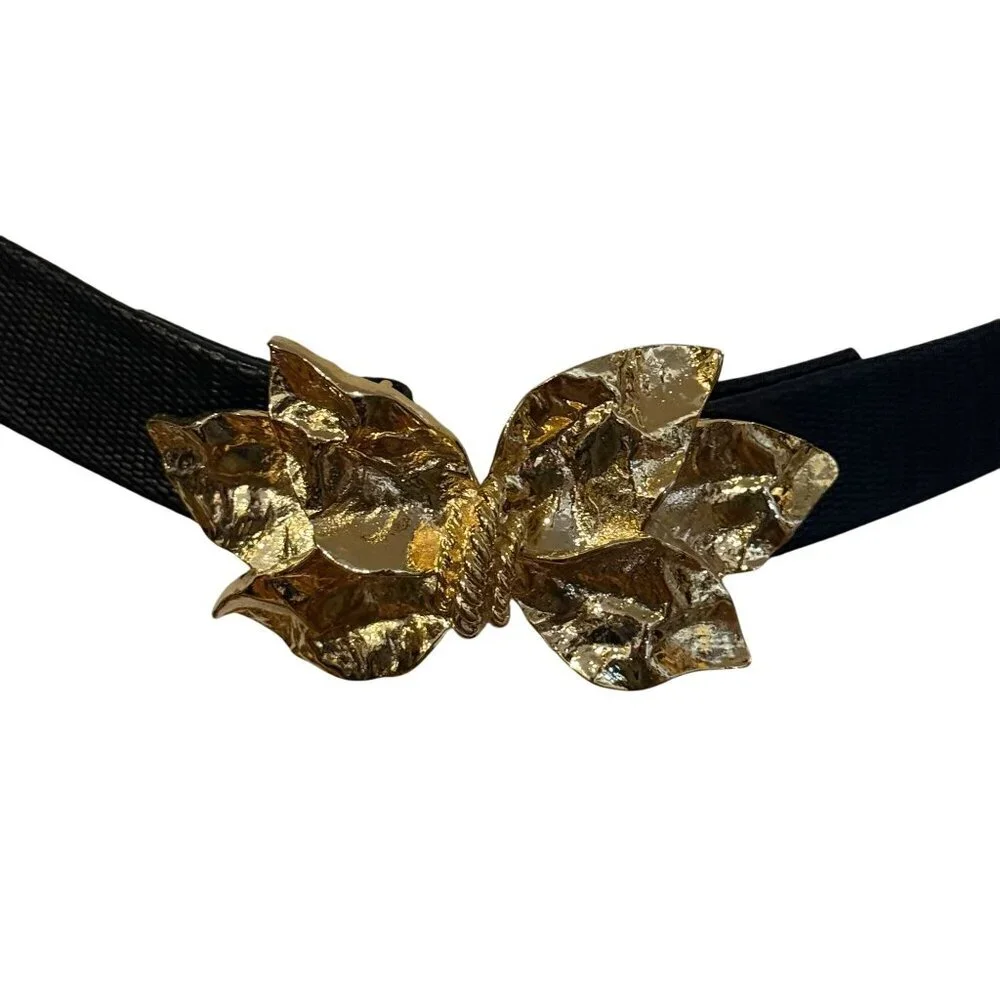 Vintage Gay Boyer Black Belt Gold Leaf Flower Bow Buckle ~29